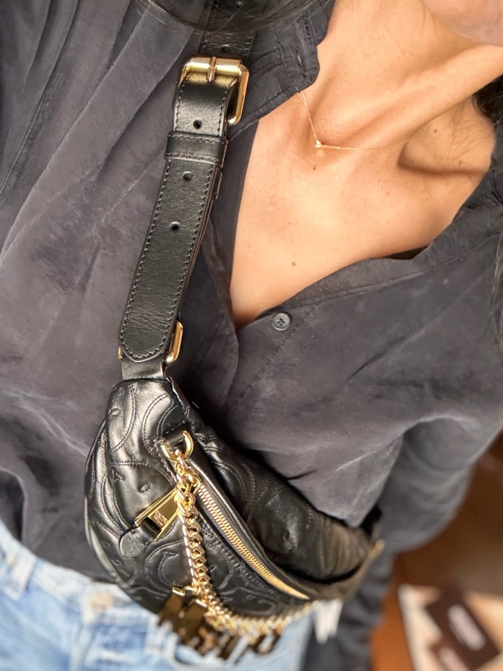 Moschino Black Quilted Leather Crossbody with Gold Logo Chain - Picture 9 of 15
